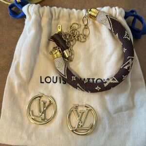 LV Gold Logo Hoop Earrings & Necklace